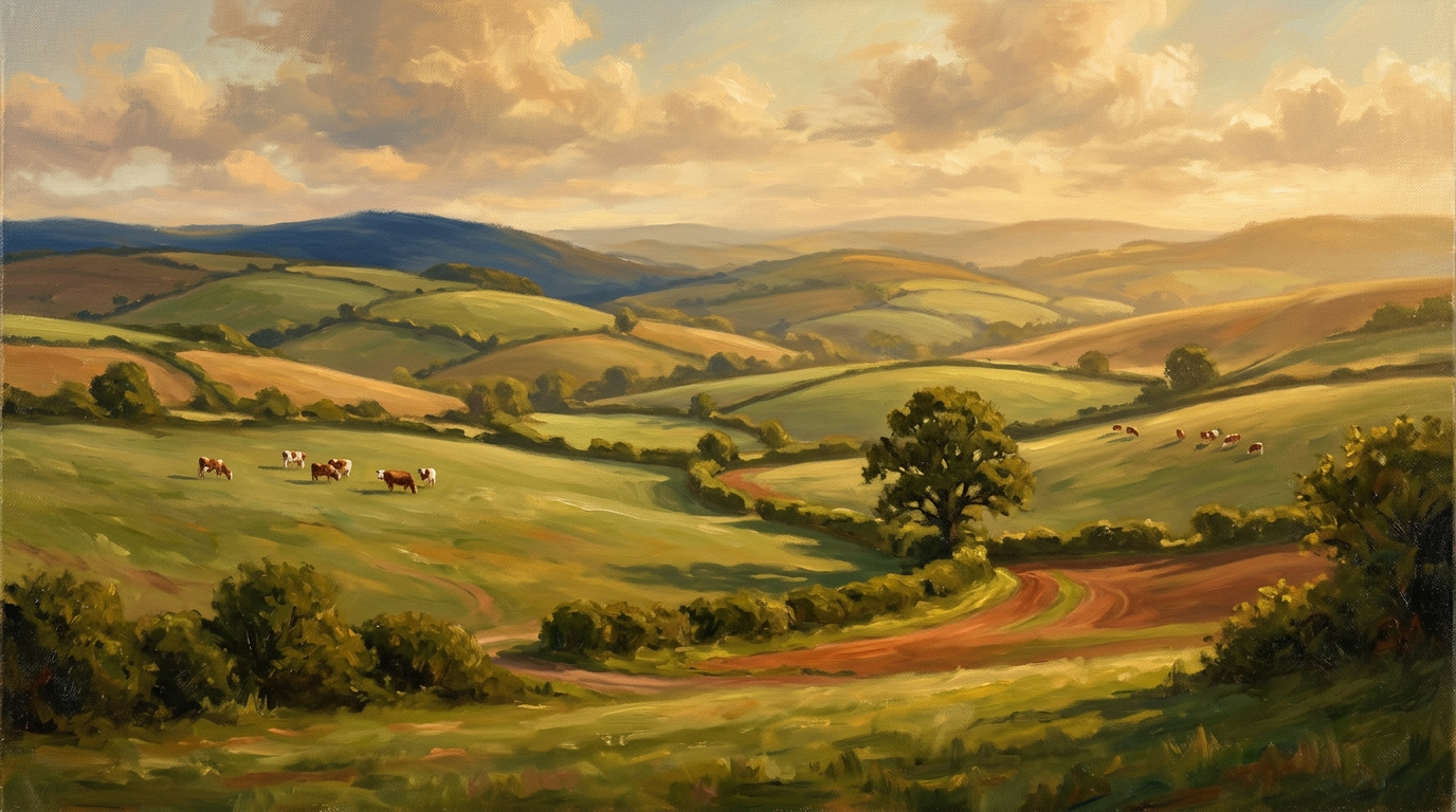 Painterly illustration of rolling Devon countryside with grazing cattle