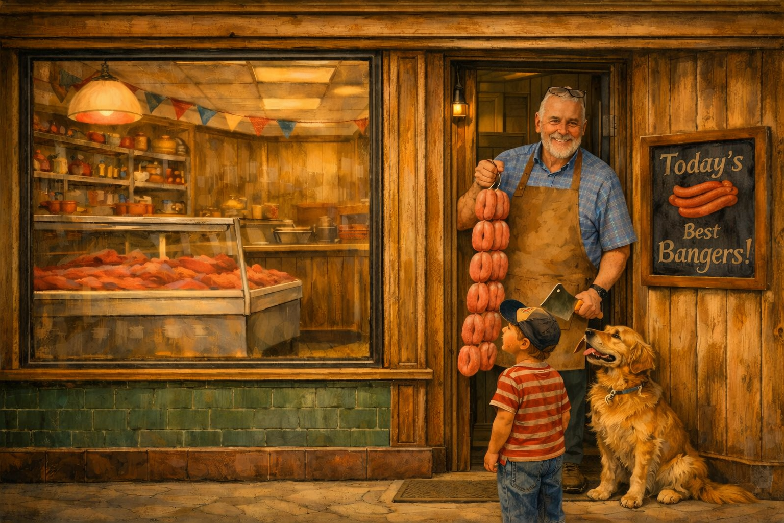 Preston's Butchers shopfront — painterly illustration of Craig the butcher with a child and dog