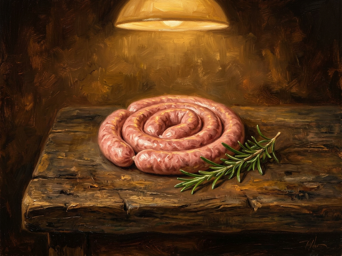 Painterly still life of handmade Preston's Butchers sausages on a wooden board